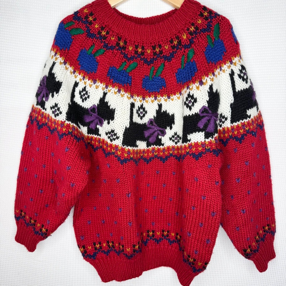 Vintage Northern Isles Kids Red Scottie Dog Hand Embroidered Sweater 7/8 Retro